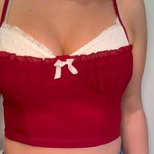 SHEIN Red Crop Top With White Lace Detail |Size L